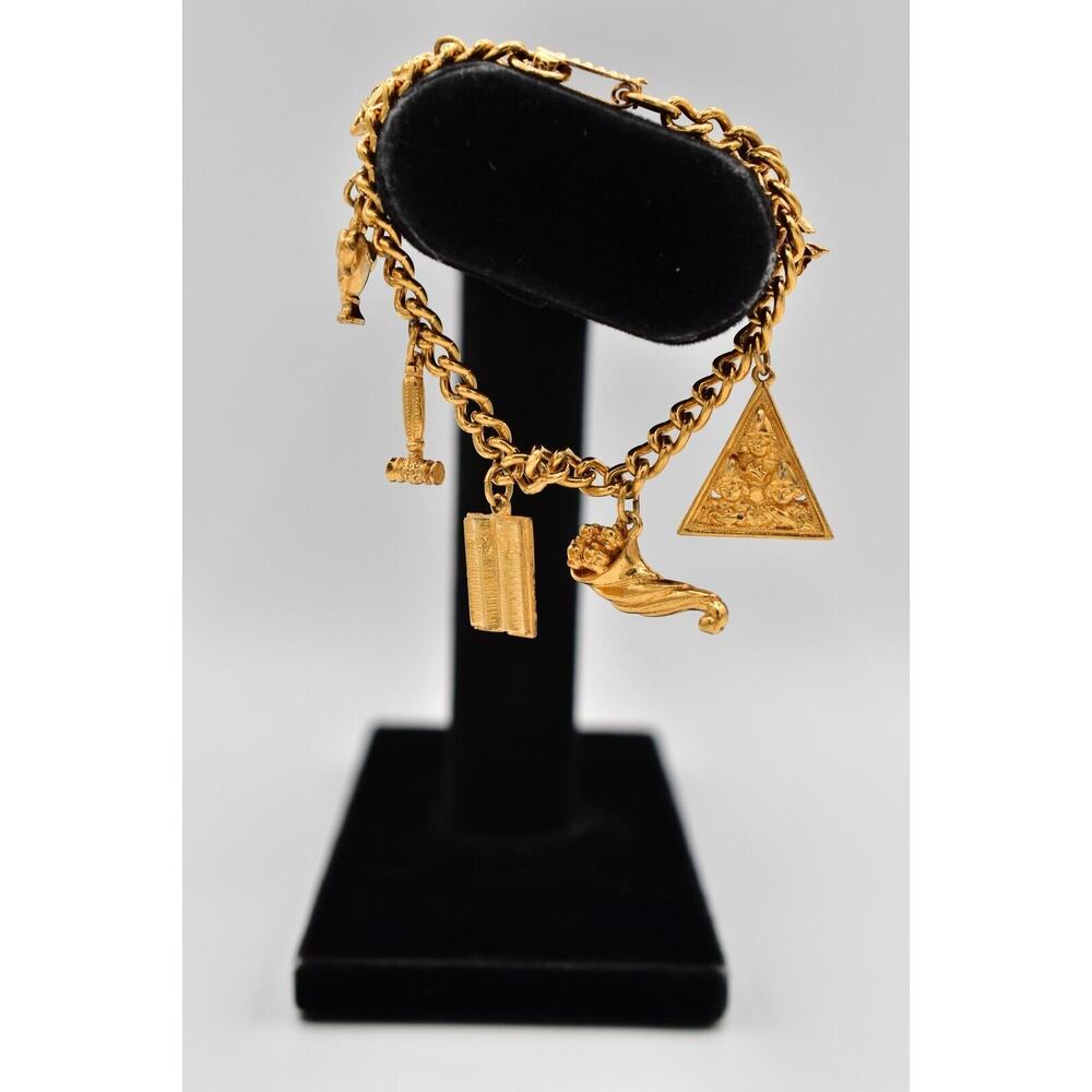 Ora Vintage Charm Bracelet Dangle Bird Bible Crown Gold Tone Signed 1940s BinO